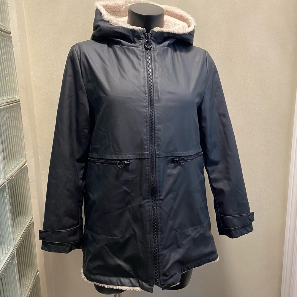 Zara Faux Leather Sherpa Lined Hooded Parka Zip Up Water Resistant Woman’s XS/S